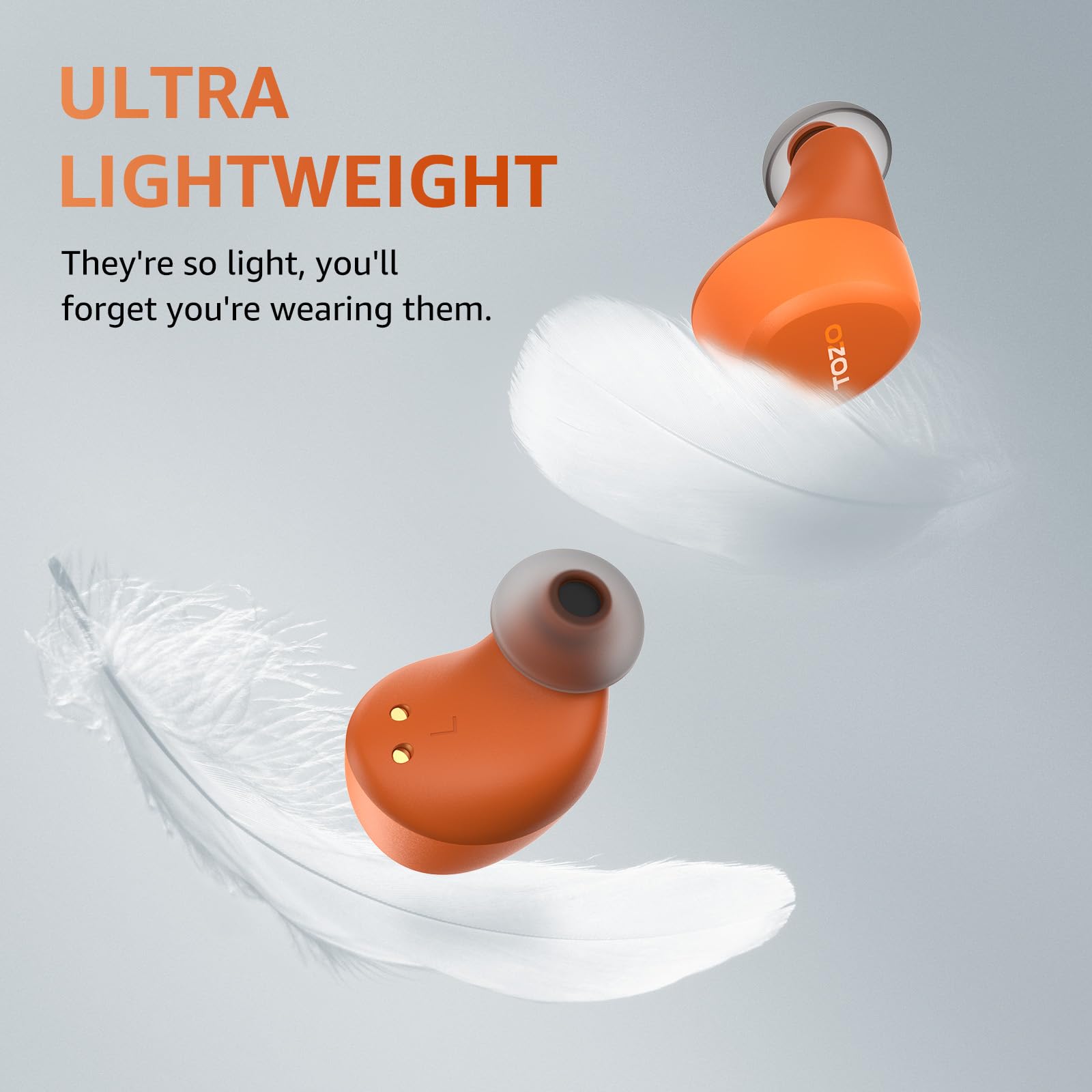 TOZO A1 earbud close-up showing ergonomic shape and comfort design