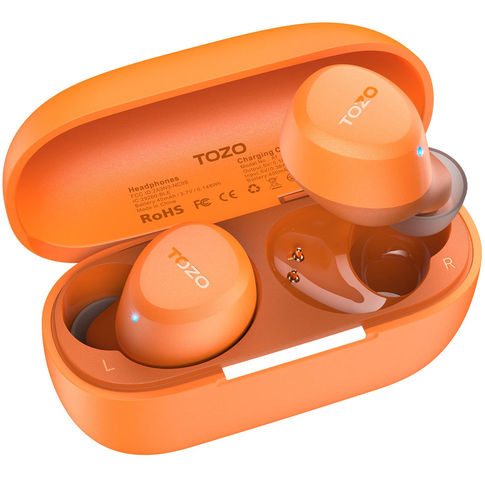 TOZO A1 front packaging showing earbuds and case, highlighting portability