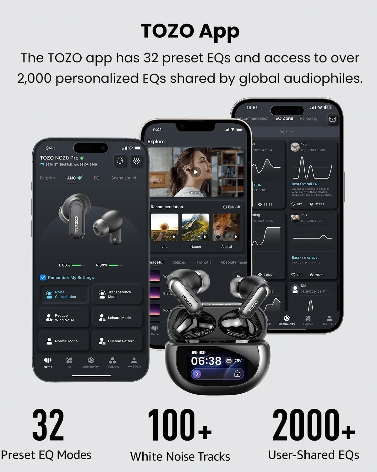 TOZO NC20 Pro app displaying 32 EQ presets for personalized sound