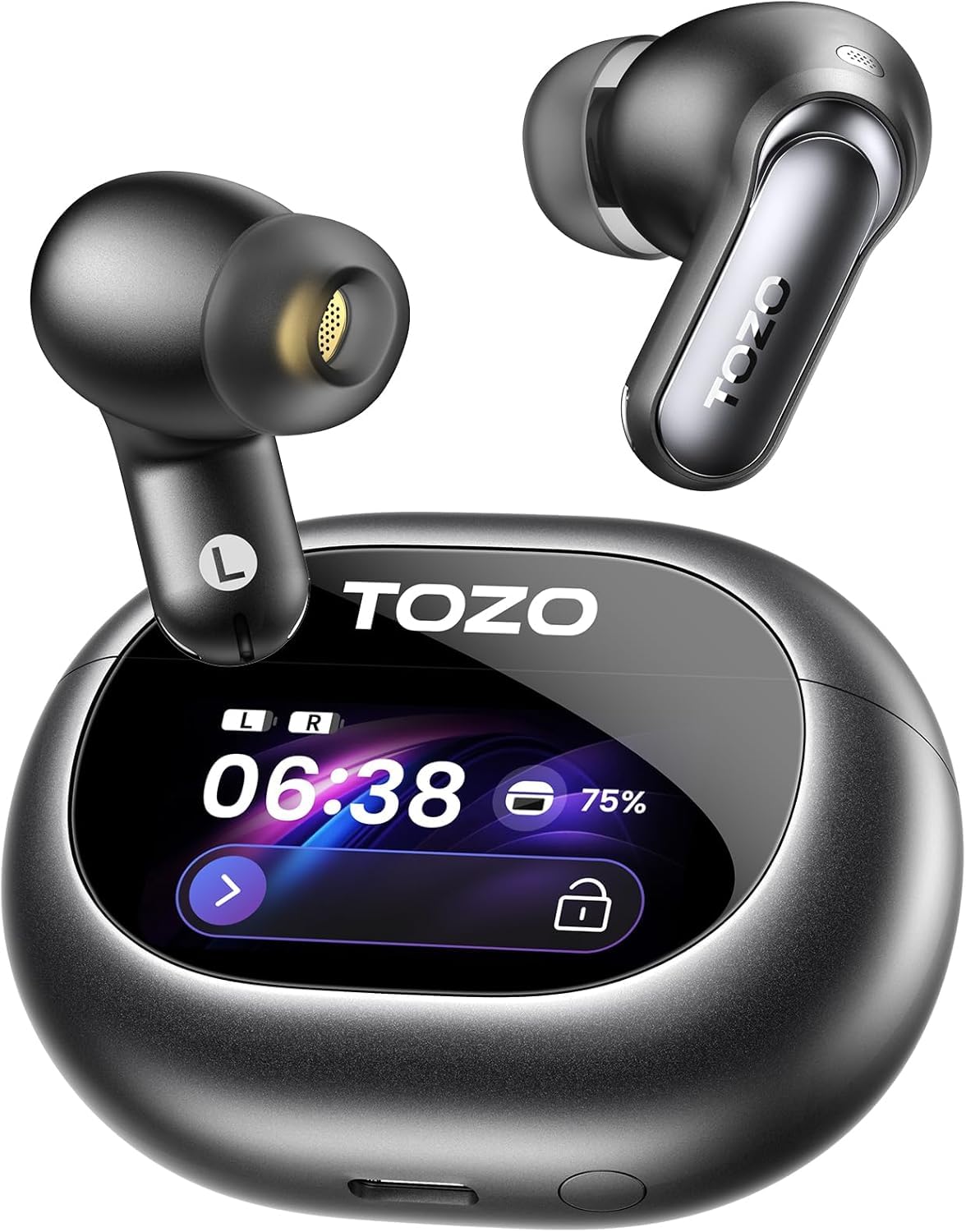 TOZO NC20 Pro front view showing earbuds and case, high-detail display benefit