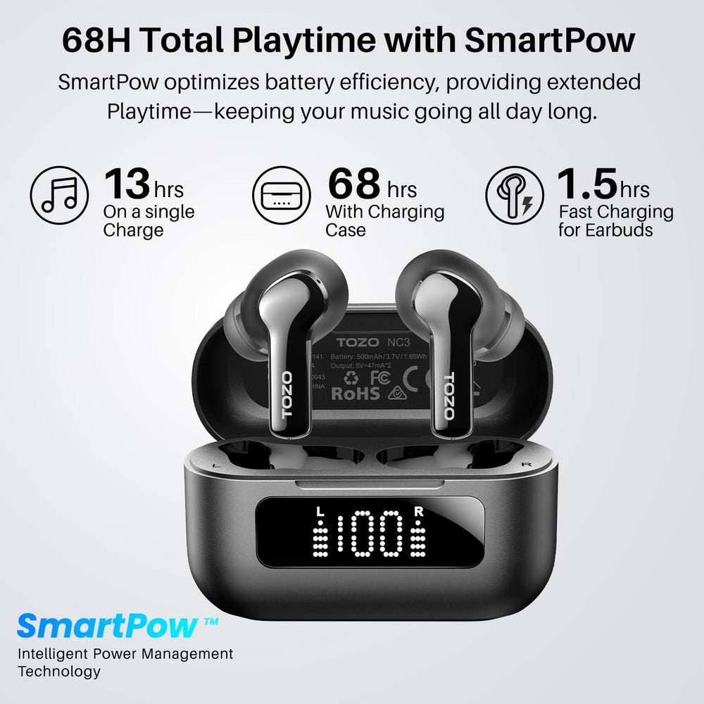 TOZO NC3 charging case beside smartphone showing long 68H battery life