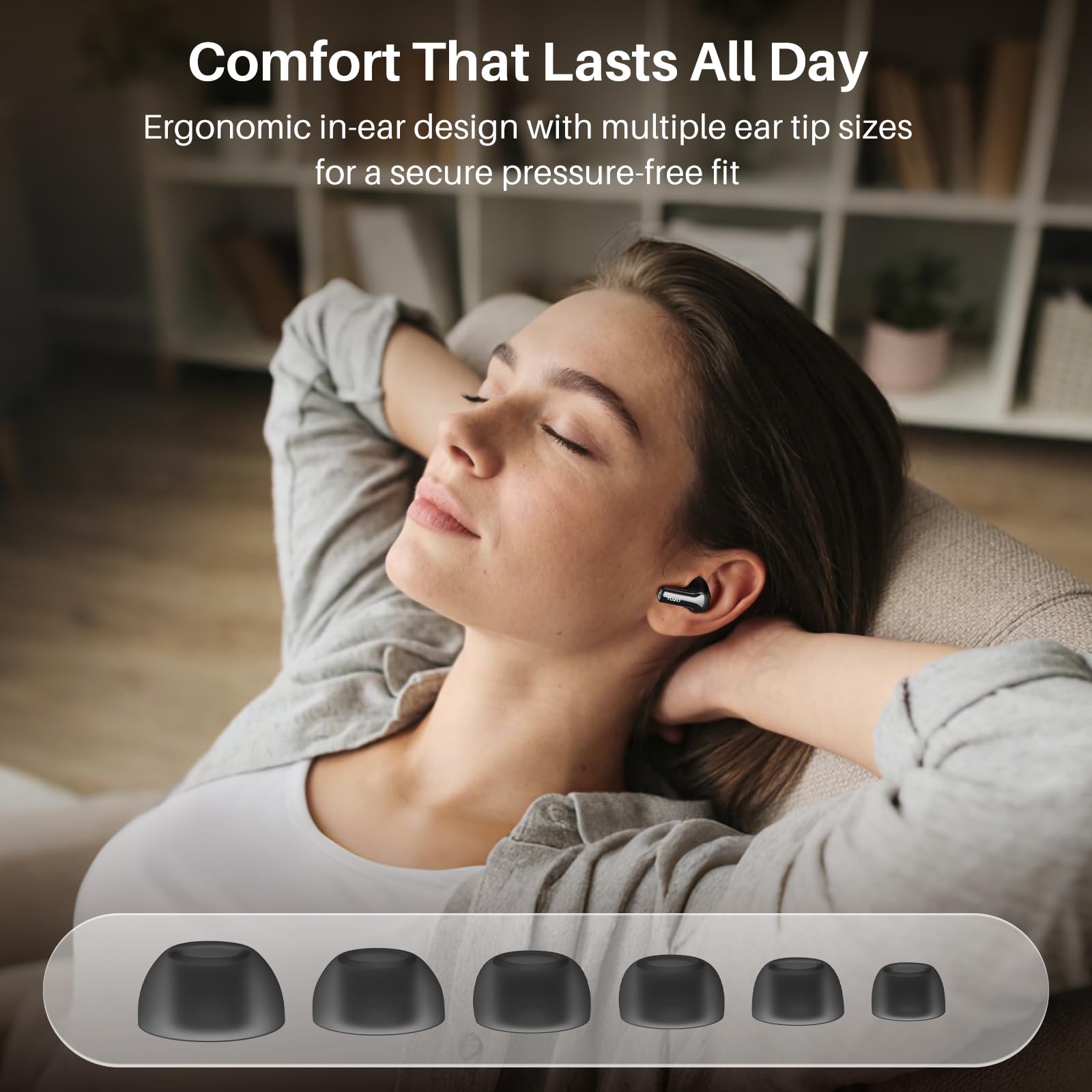 TOZO NC3 touch controls close-up showing easy playback and call control