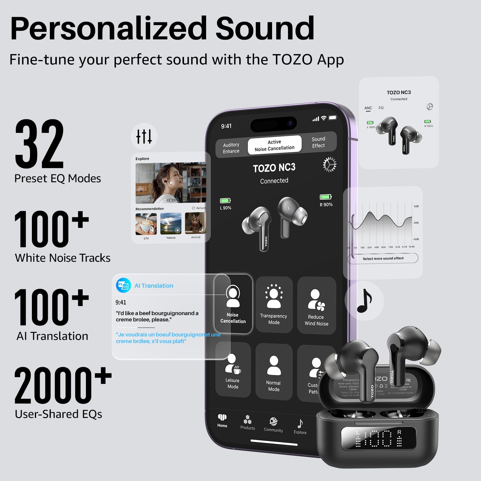 TOZO NC3 earbuds with water splashes showing IPX8 protection for exercise