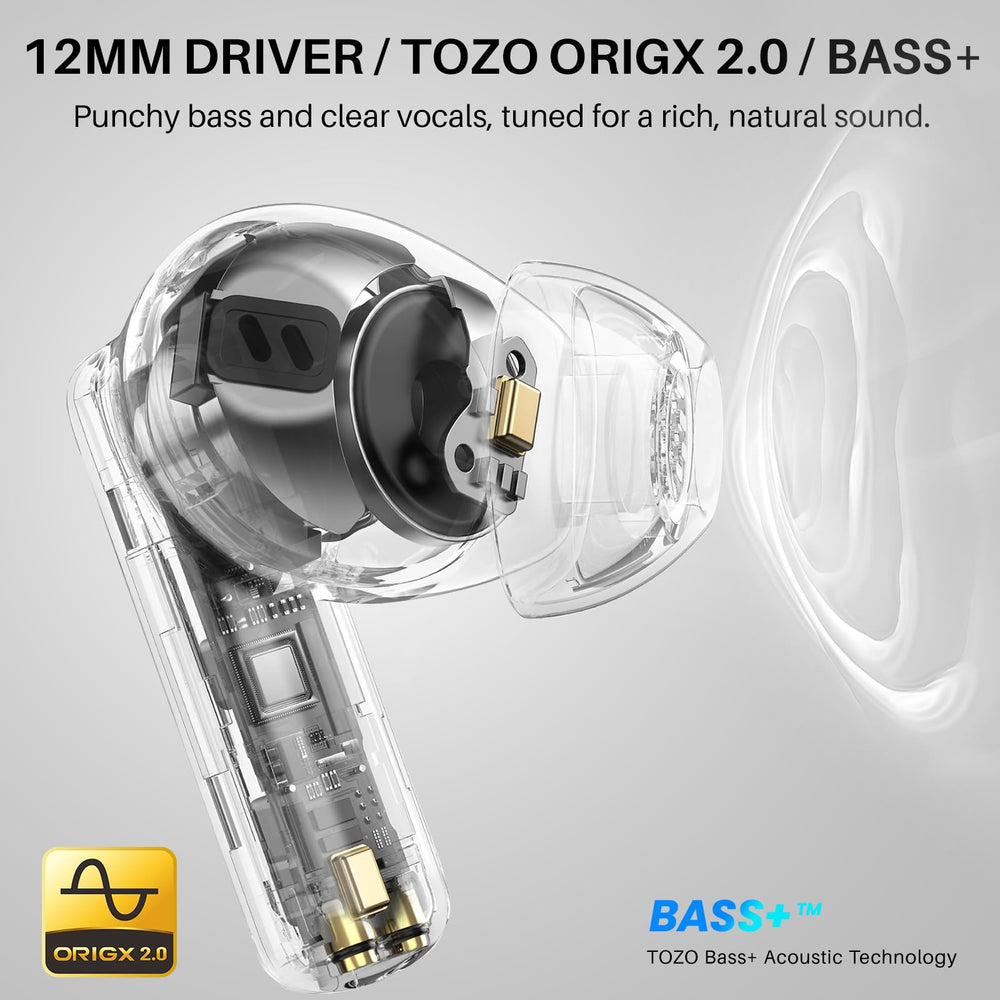TOZO NC3 single earbud close-up highlighting 12mm driver clarity