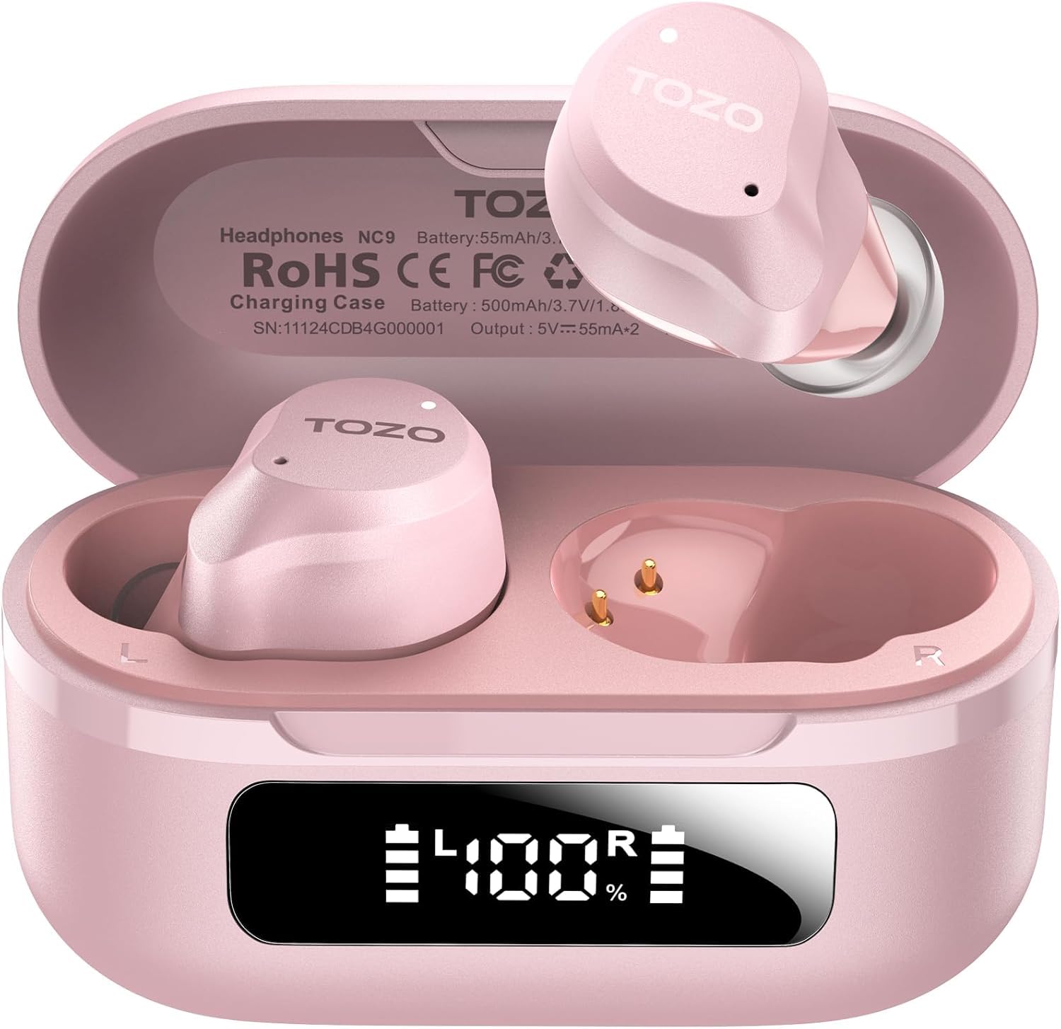TOZO NC9 charging case LED display showing battery level for convenient monitoring