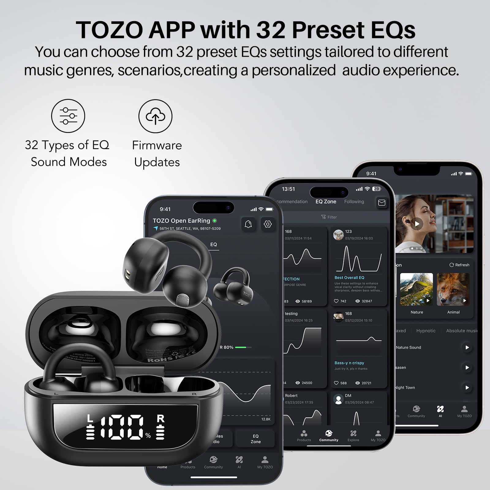 TOZO OpenEarRing app EQ presets screen, enables 32 customizable sound modes