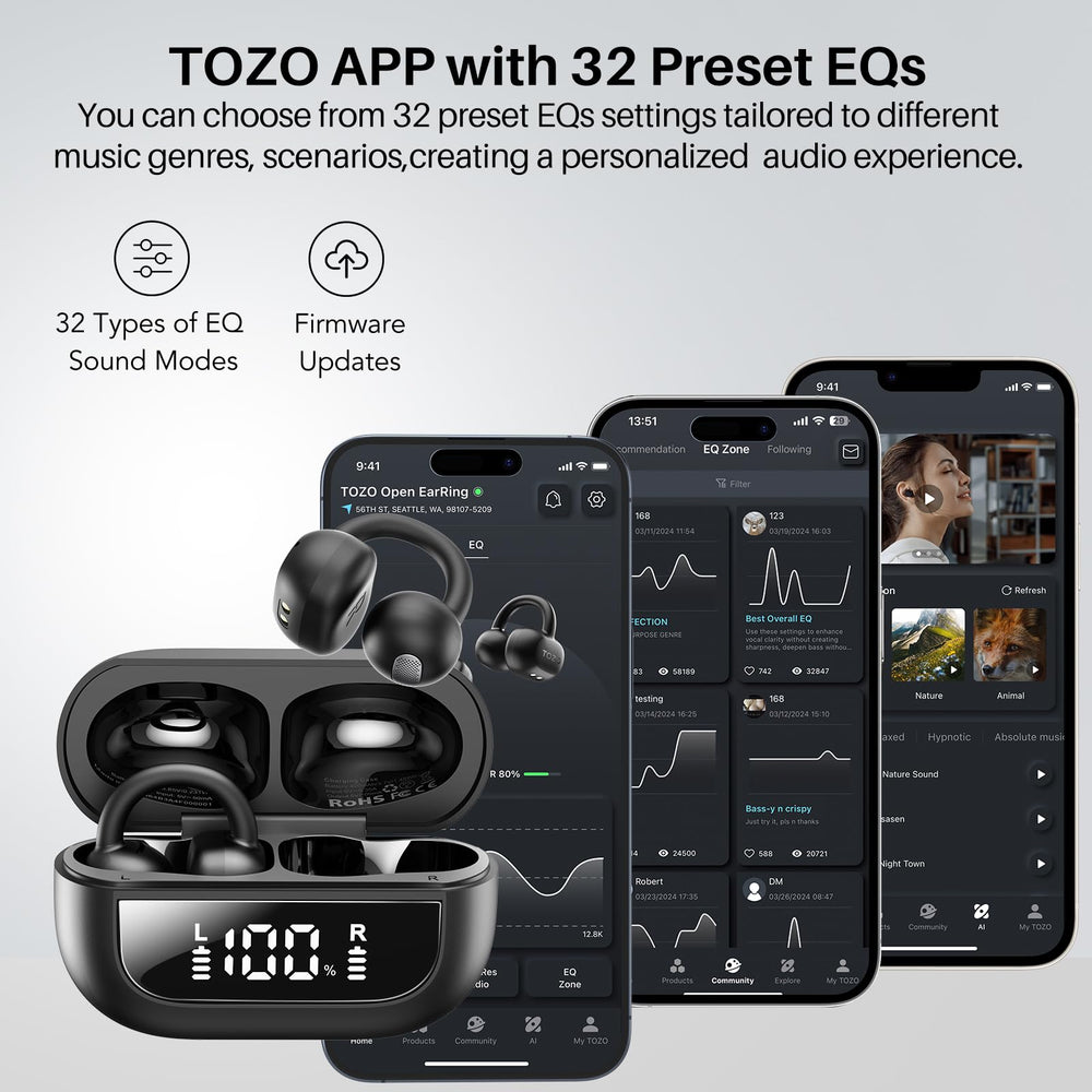TOZO OpenEarRing app EQ presets screen, enables 32 customizable sound modes