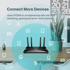 TP‑Link Archer AX10 placed in living room delivering stable Wi‑Fi for streaming and gaming