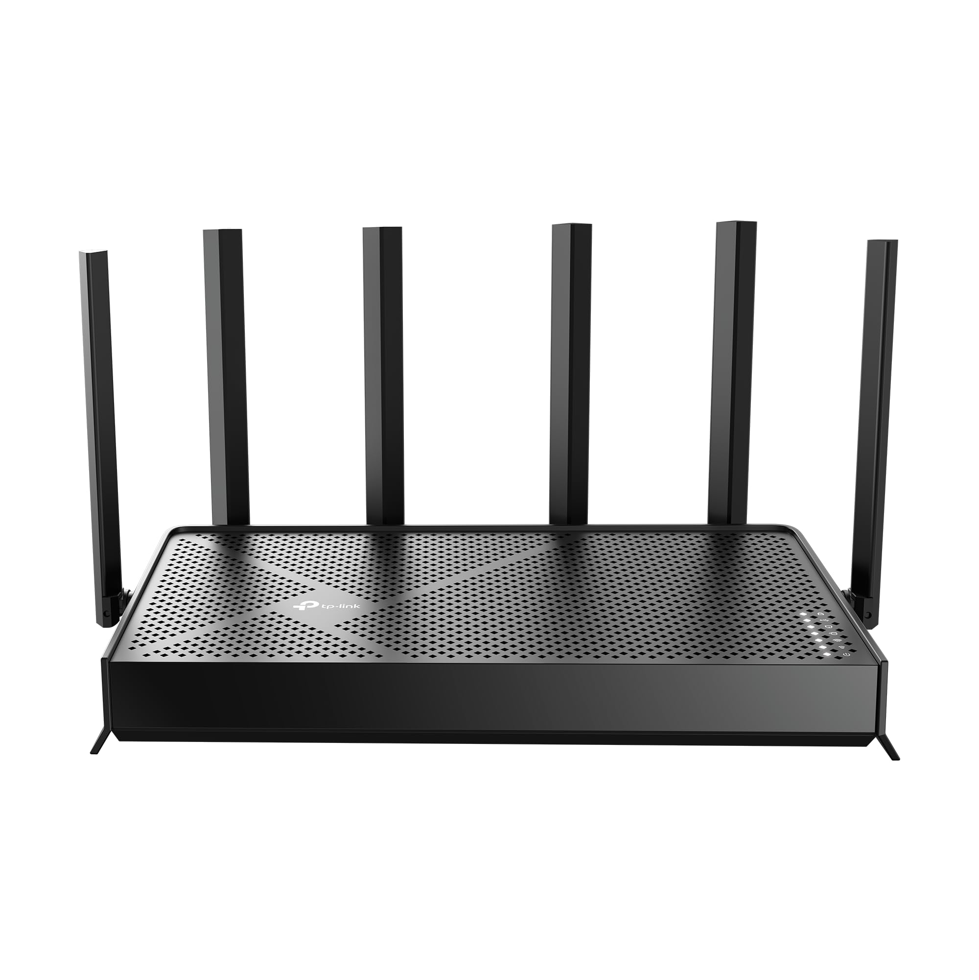 TP‑Link Archer BE400 front angled view showing sleek housing and antennas for strong coverage