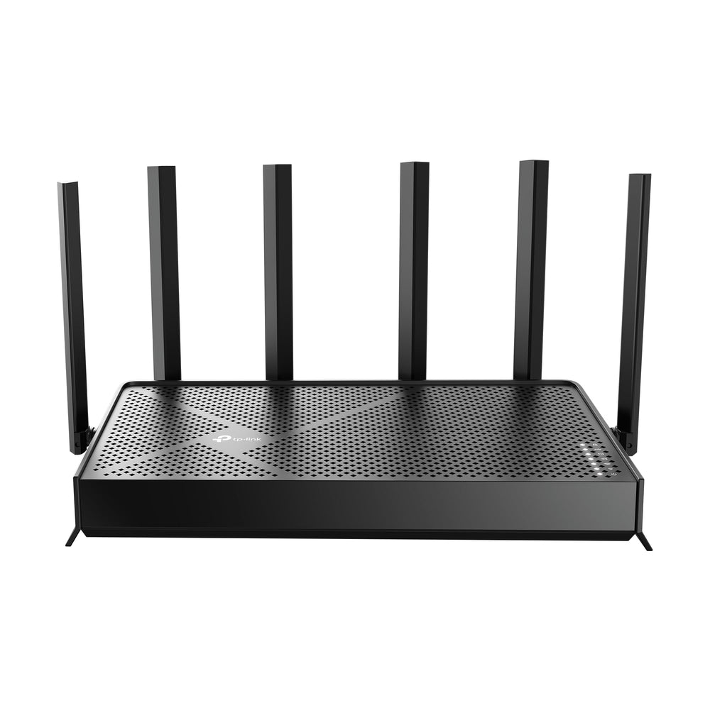 TP‑Link Archer BE400 front angled view showing sleek housing and antennas for strong coverage