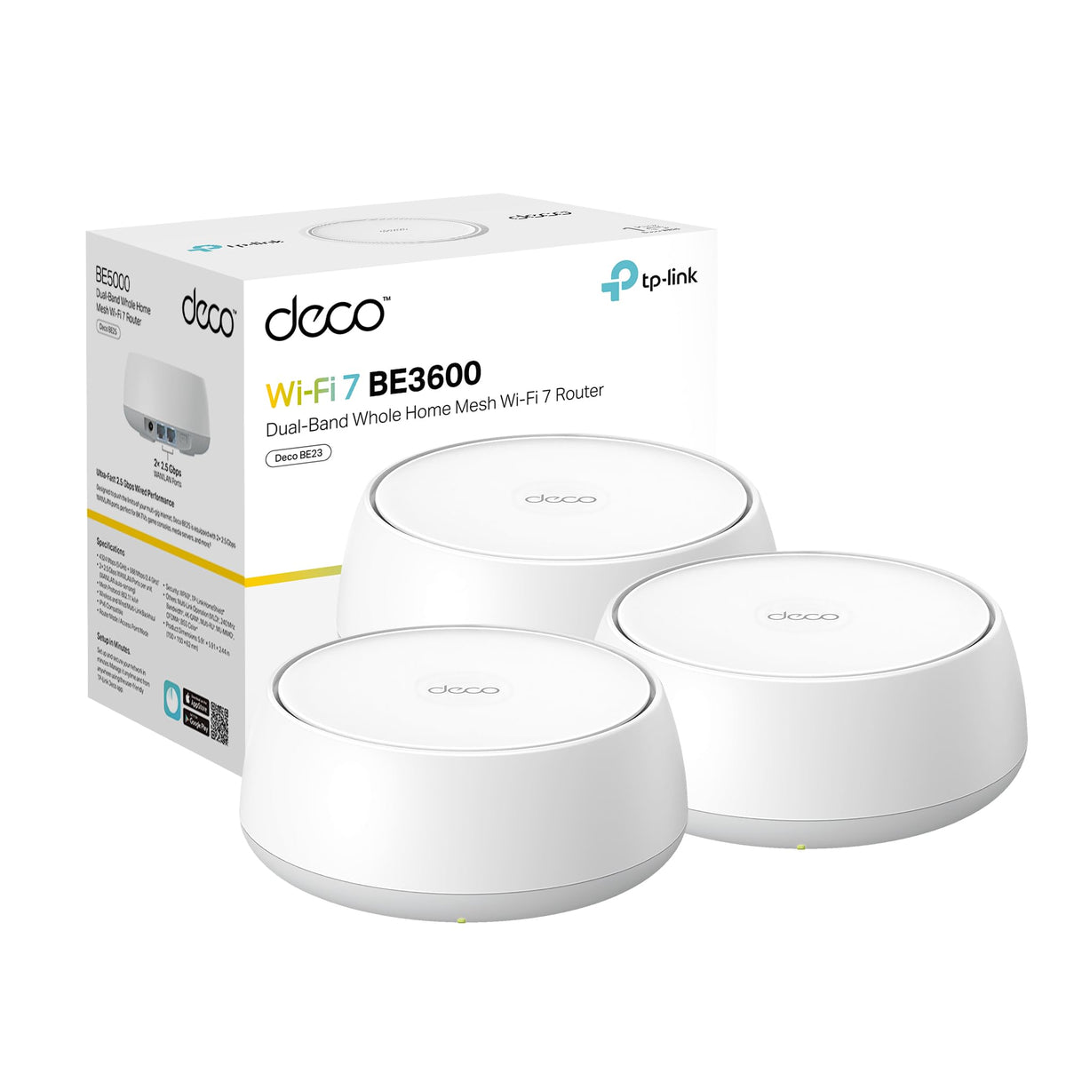 TP‑Link Deco 7 BE23 three units front view showing compact design and fast Wi‑Fi