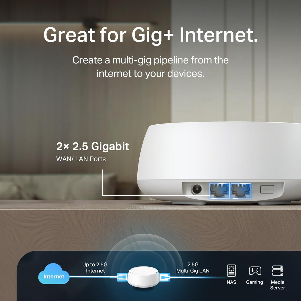 TP‑Link Deco 7 BE23 mounted near router demonstrating flexible wired or wireless backhaul