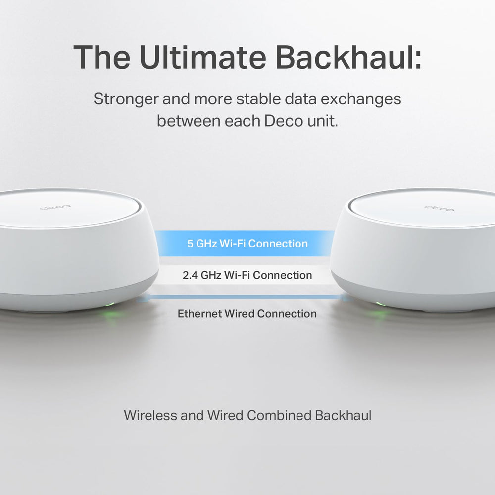 TP‑Link Deco BE25 placed in a hallway showing extended Wi‑Fi reach into rooms