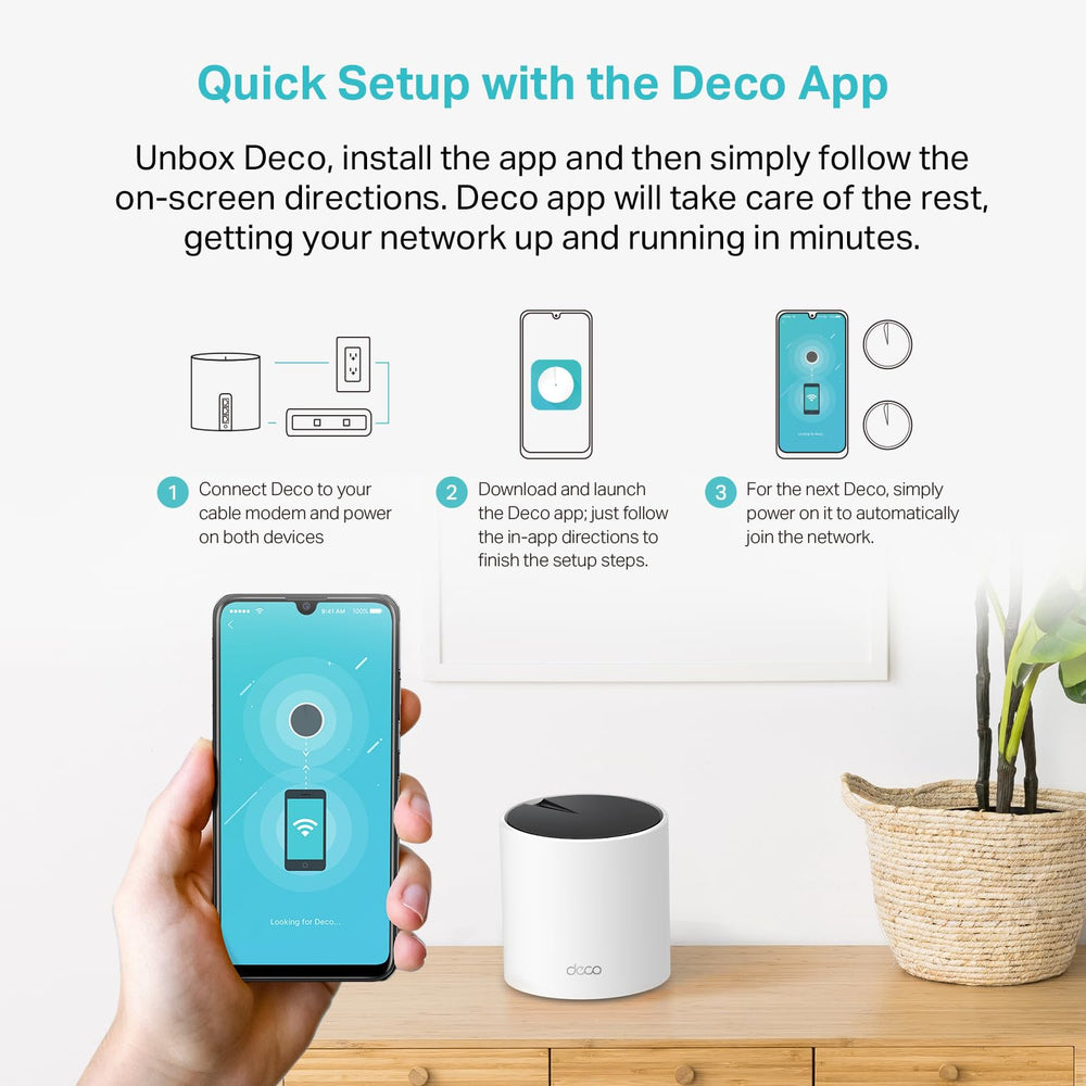 TP‑Link Deco X55 retail box and label showing AX3000 specs and features