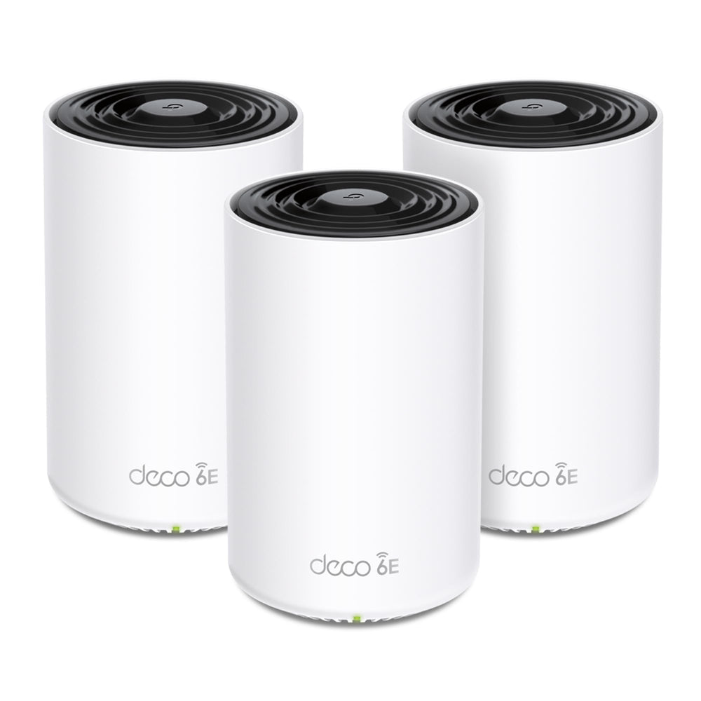 TP‑Link Deco XE70 Pro front packaging showing unit and benefits