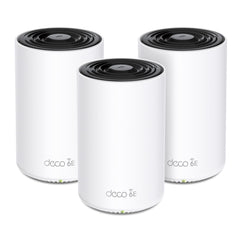 TP‑Link Deco XE70 Pro front packaging showing unit and benefits