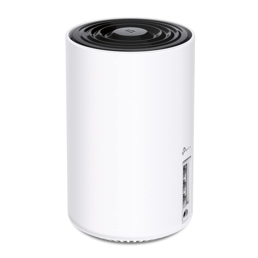 TP‑Link Deco XE75 front angle showing sleek design and strong home WiFi