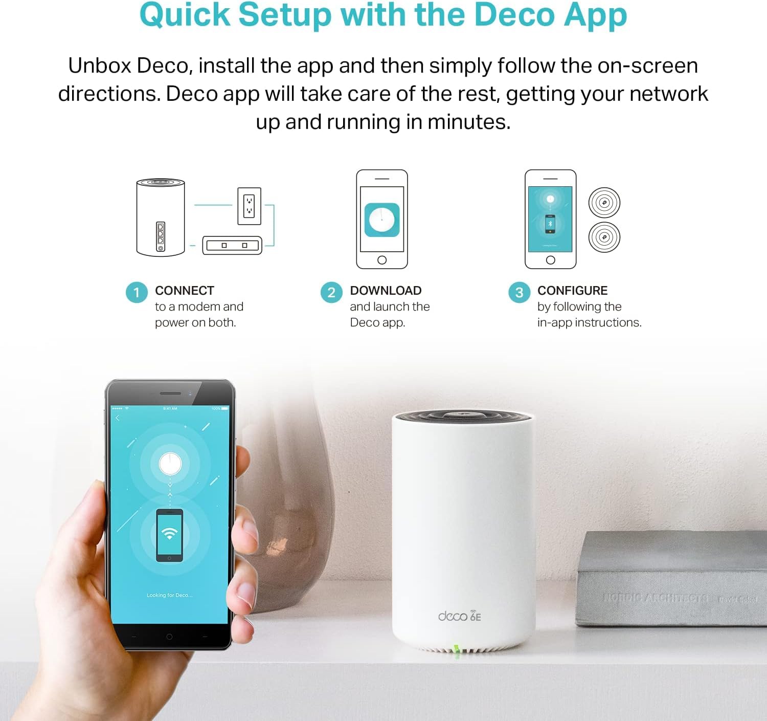 TP‑Link Deco XE75 packaging and contents showing included accessories benefit
