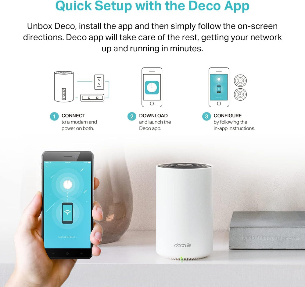 TP‑Link Deco XE75 packaging and contents showing included accessories benefit