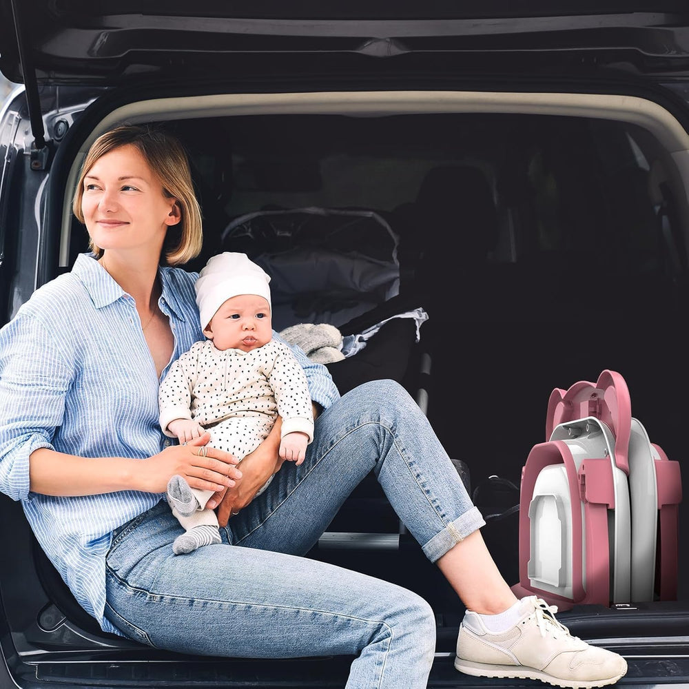 TPN baby bathtub packed for travel in suitcase, saving space and convenient