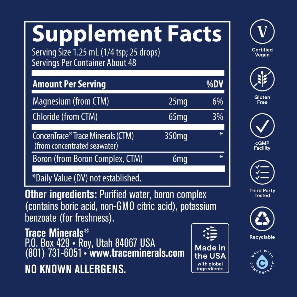 Trace Minerals label detail displaying ionic boron 6 mg for clear ingredient info