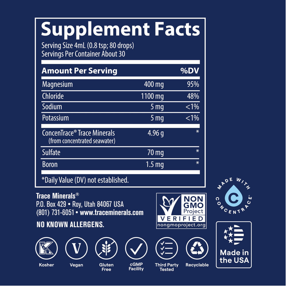 Close-up of ionic magnesium liquid texture and clarity by Trace Minerals, highlights absorption benefit