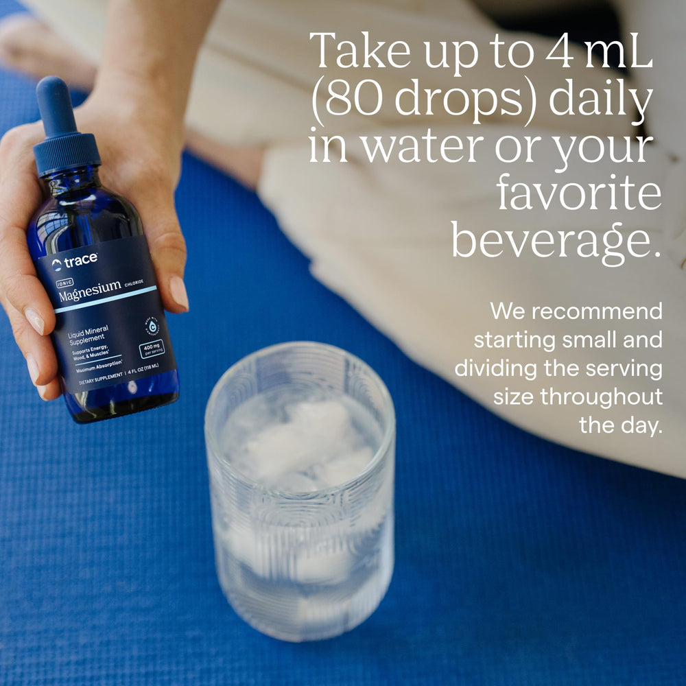 Glass of water mixed with Trace Minerals magnesium drops, easy daily use benefit