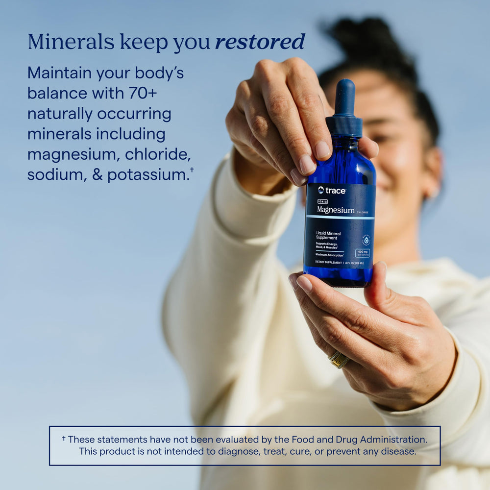 Bottle held in hand for scale with Trace Minerals branding, shows compact travel-friendly benefit