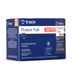 Trace Minerals Power Pak front box showing 30 watermelon packets and branding benefit quick hydration