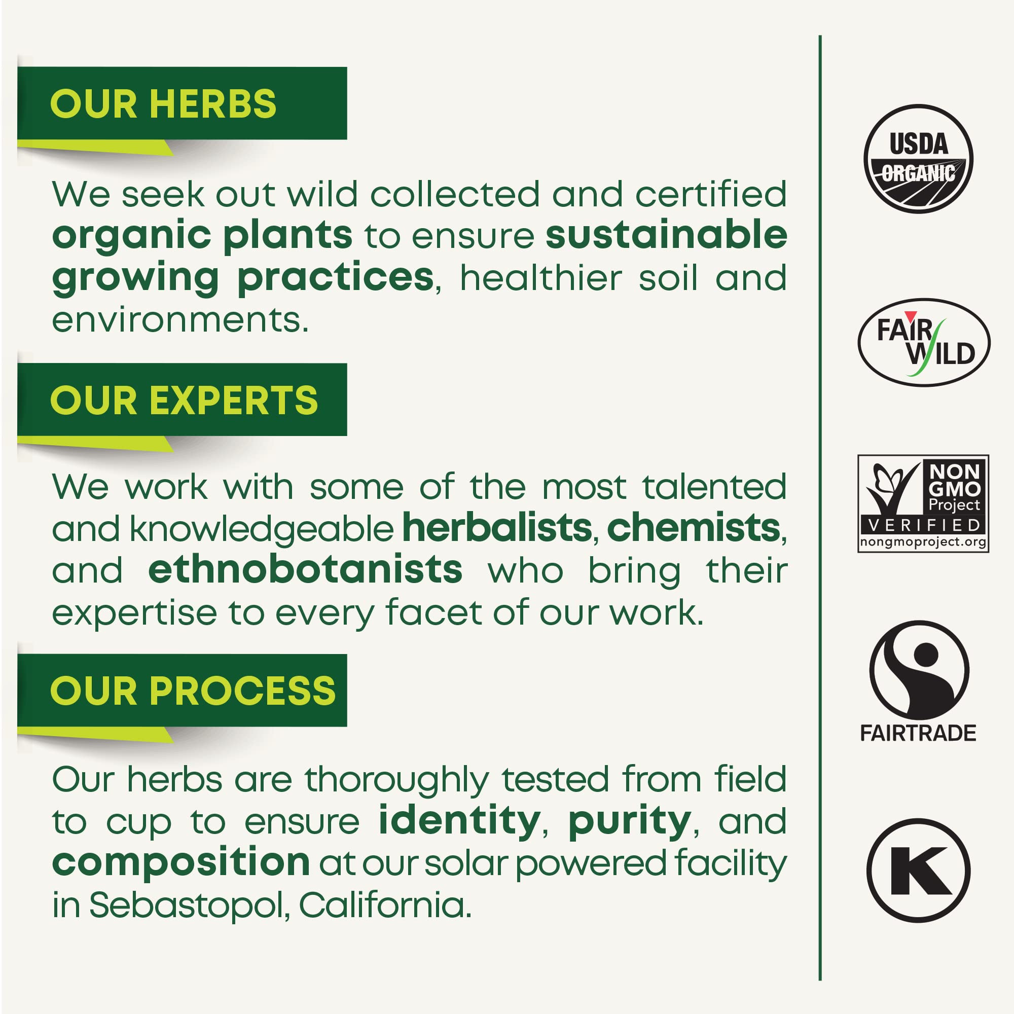 Traditional Medicinals box side label highlighting certifications and ingredient list