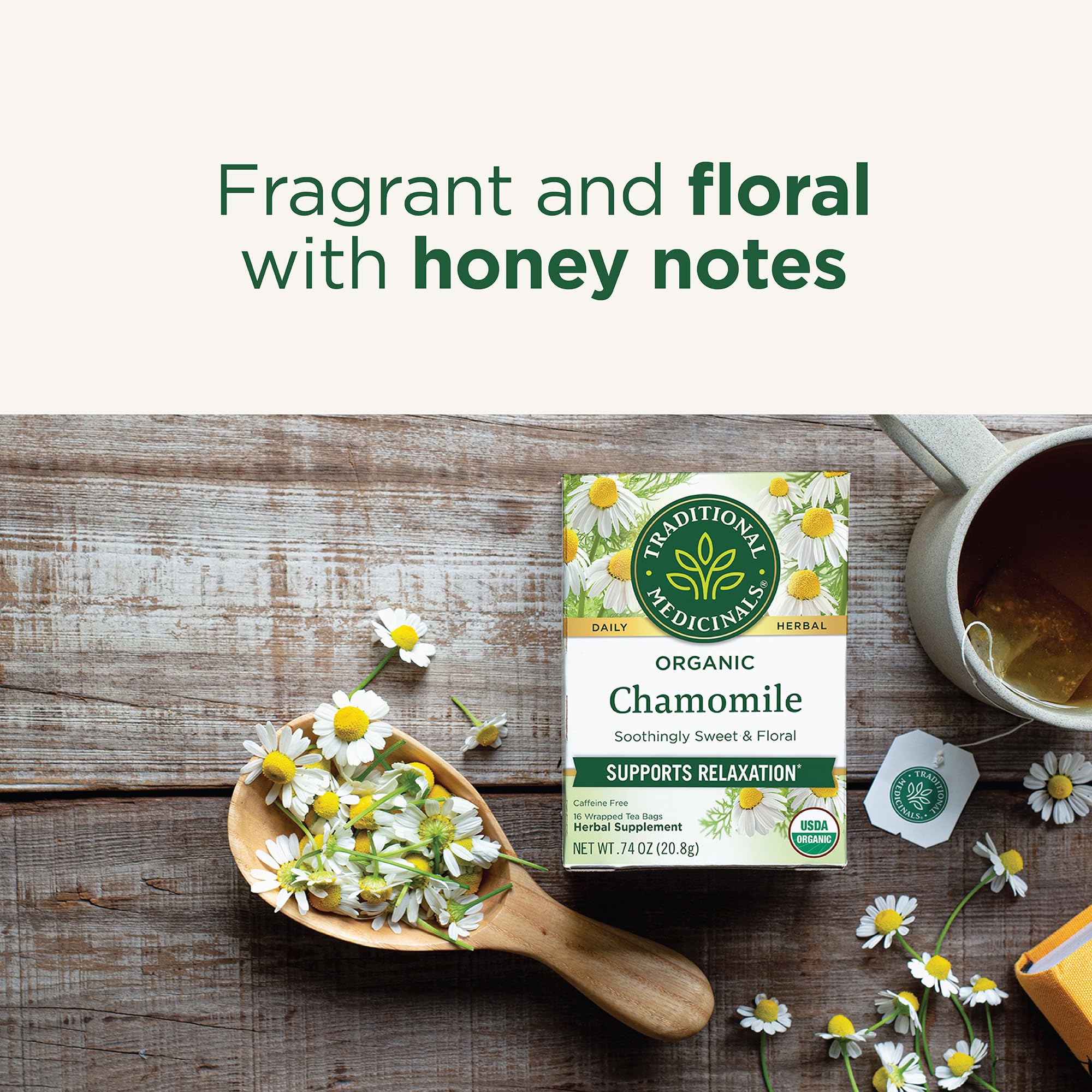Traditional Medicinals brewed cup of chamomile tea showing pale-gold color and clarity