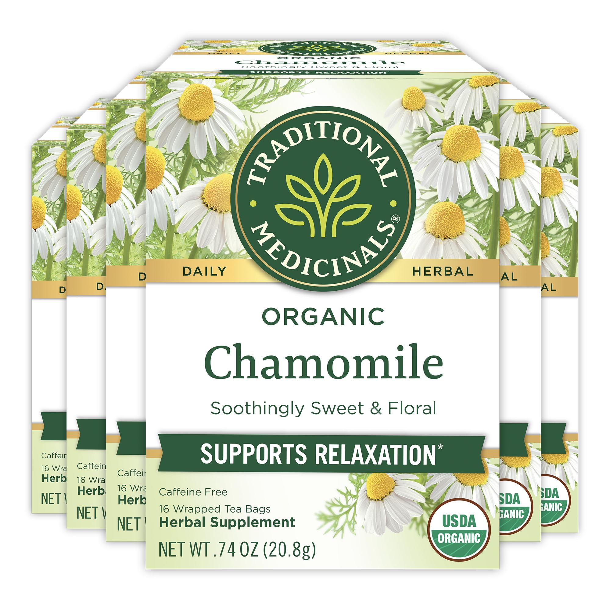 Traditional Medicinals front packaging showing organic chamomile and benefits