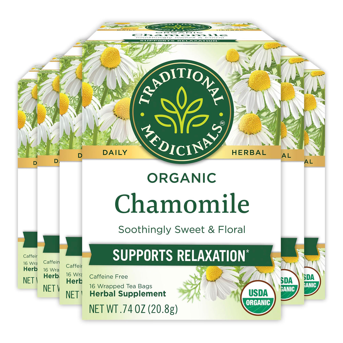Traditional Medicinals front packaging showing organic chamomile and benefits