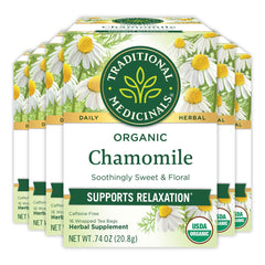 Traditional Medicinals front packaging showing organic chamomile and benefits