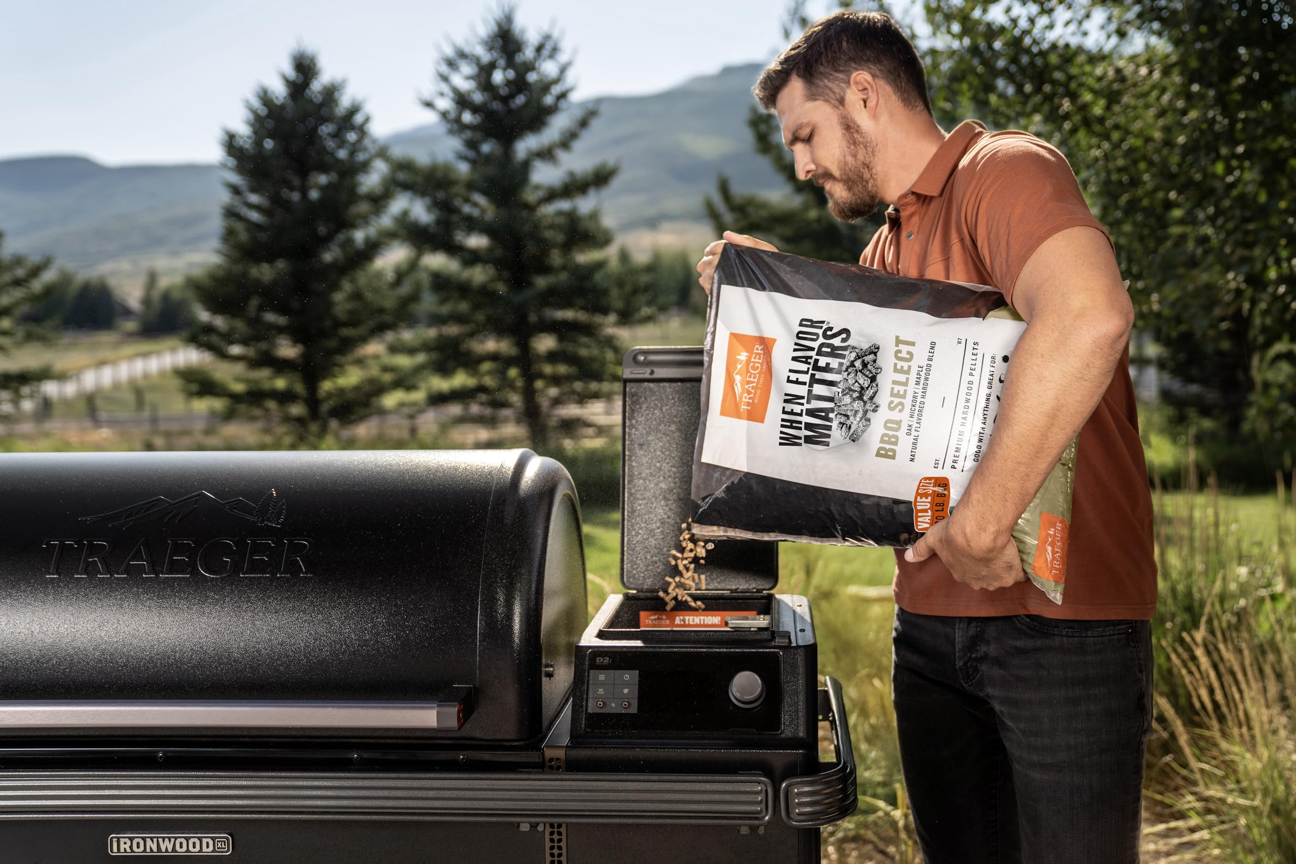 Traeger bag label closeup, displaying features and made in USA benefit