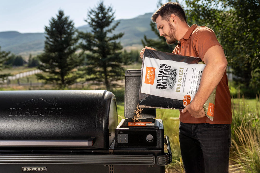 Traeger bag label closeup, displaying features and made in USA benefit
