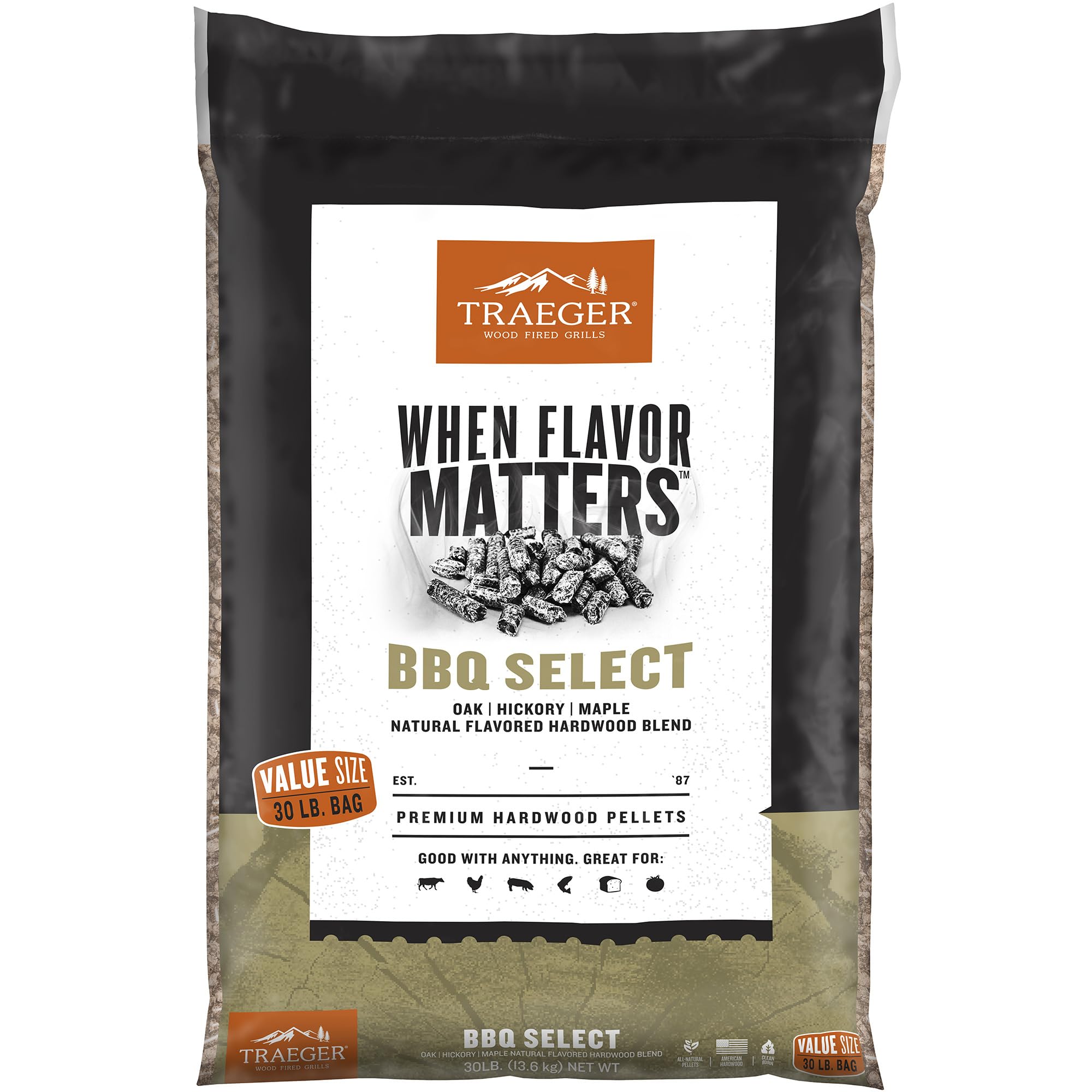 Traeger front of 30 lb bag showing brand and blend, illustrating quality