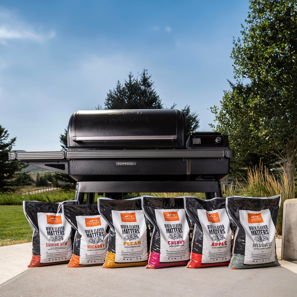 Backyard pellet grill using Traeger hickory pellets for rich barbecue flavor
