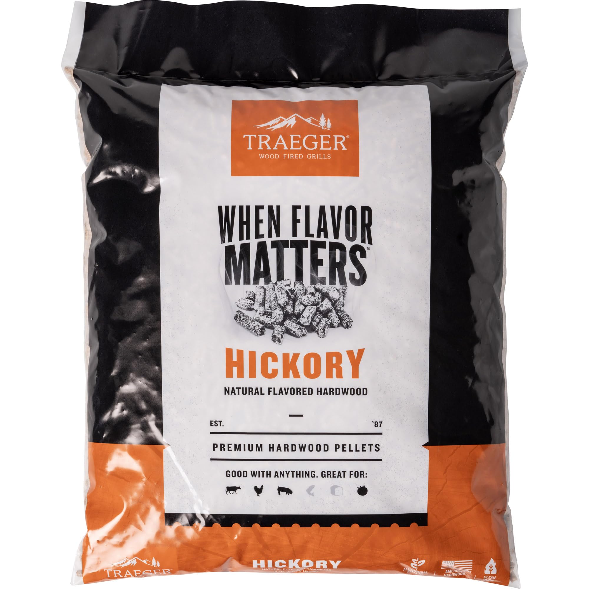 Traeger front of 18 lb hickory pellet bag showing branding and product benefits