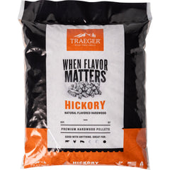 Traeger front of 18 lb hickory pellet bag showing branding and product benefits