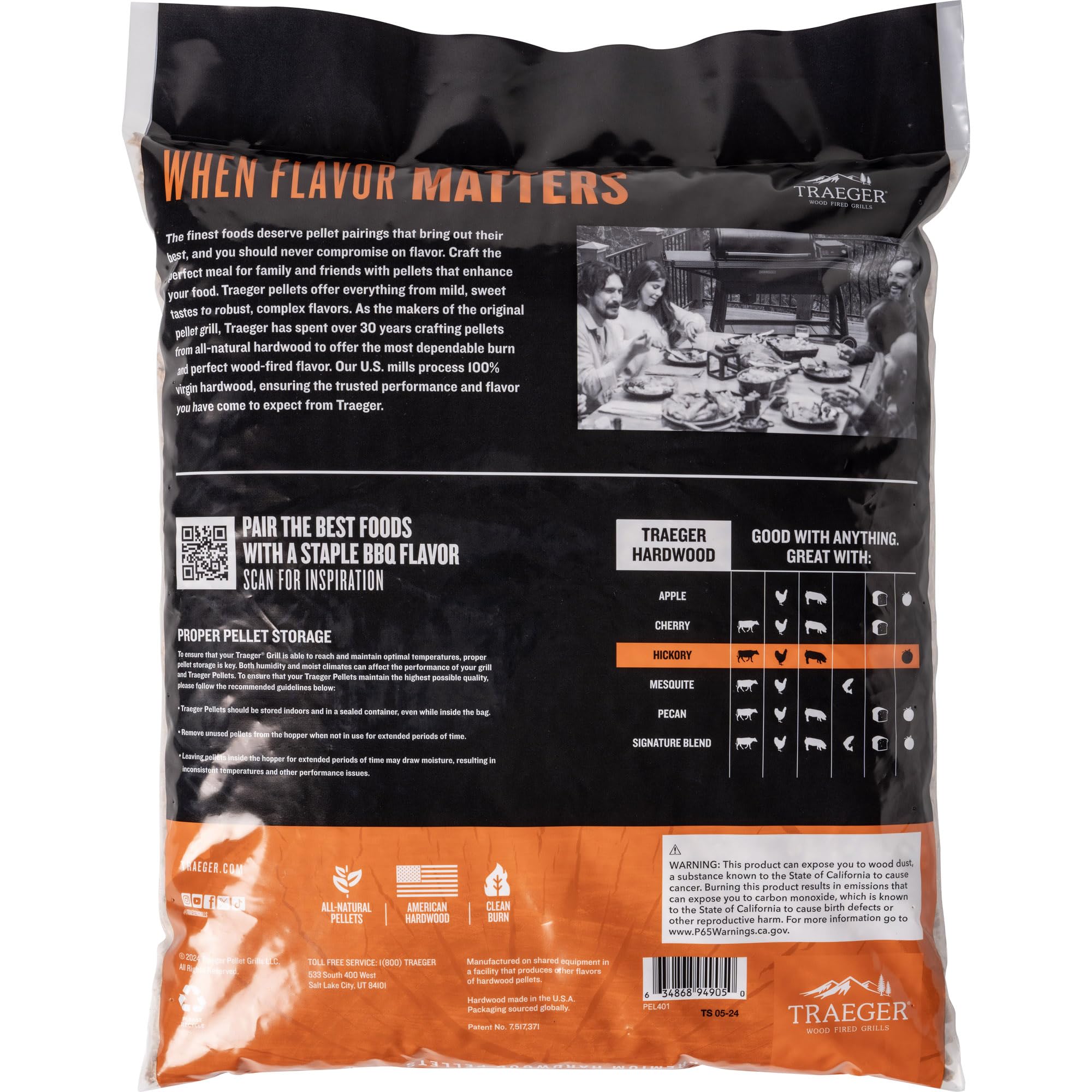 Traeger close-up of individual hickory pellets highlighting clean, uniform shape
