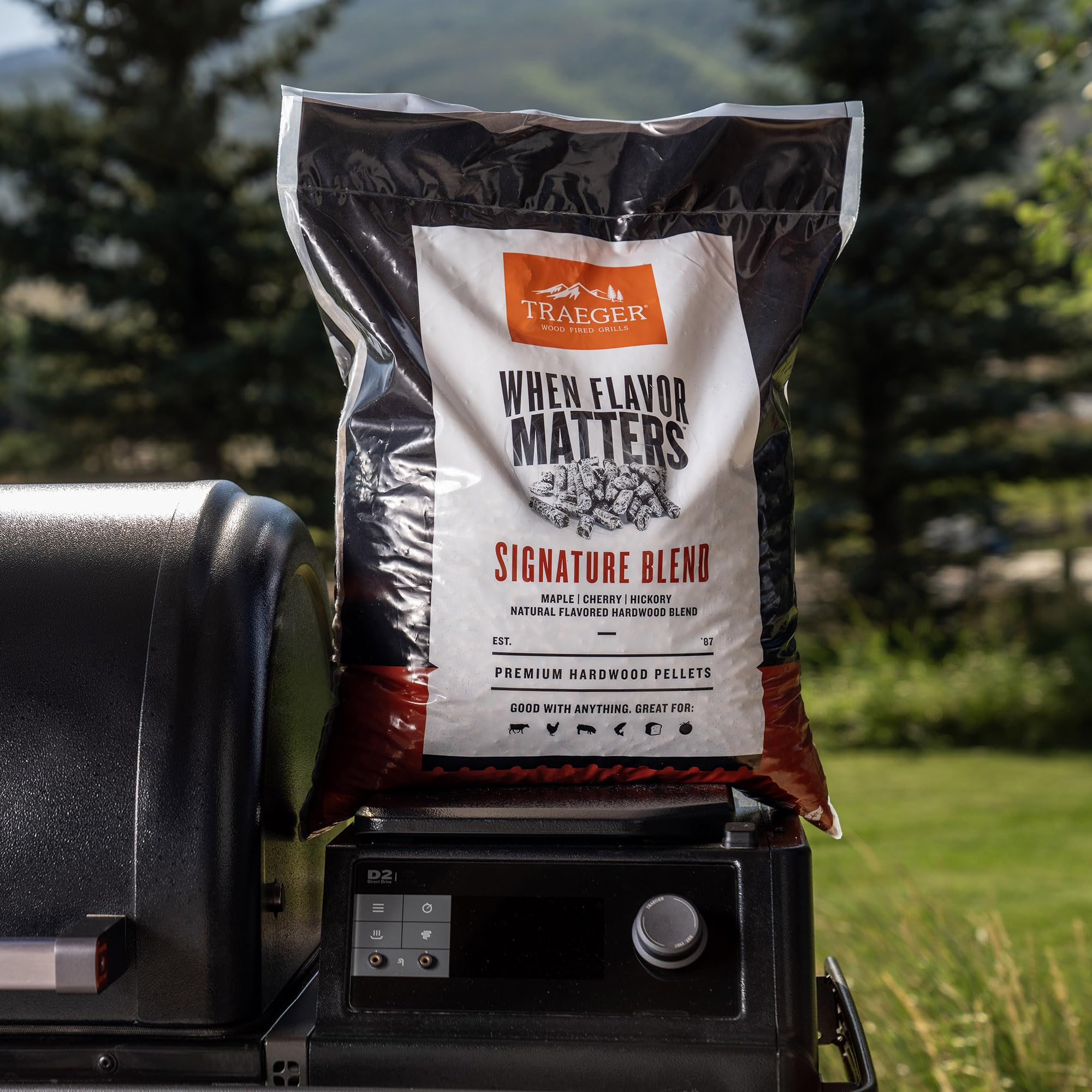 Traeger 18 lb bag beside common objects showing size and storage convenience