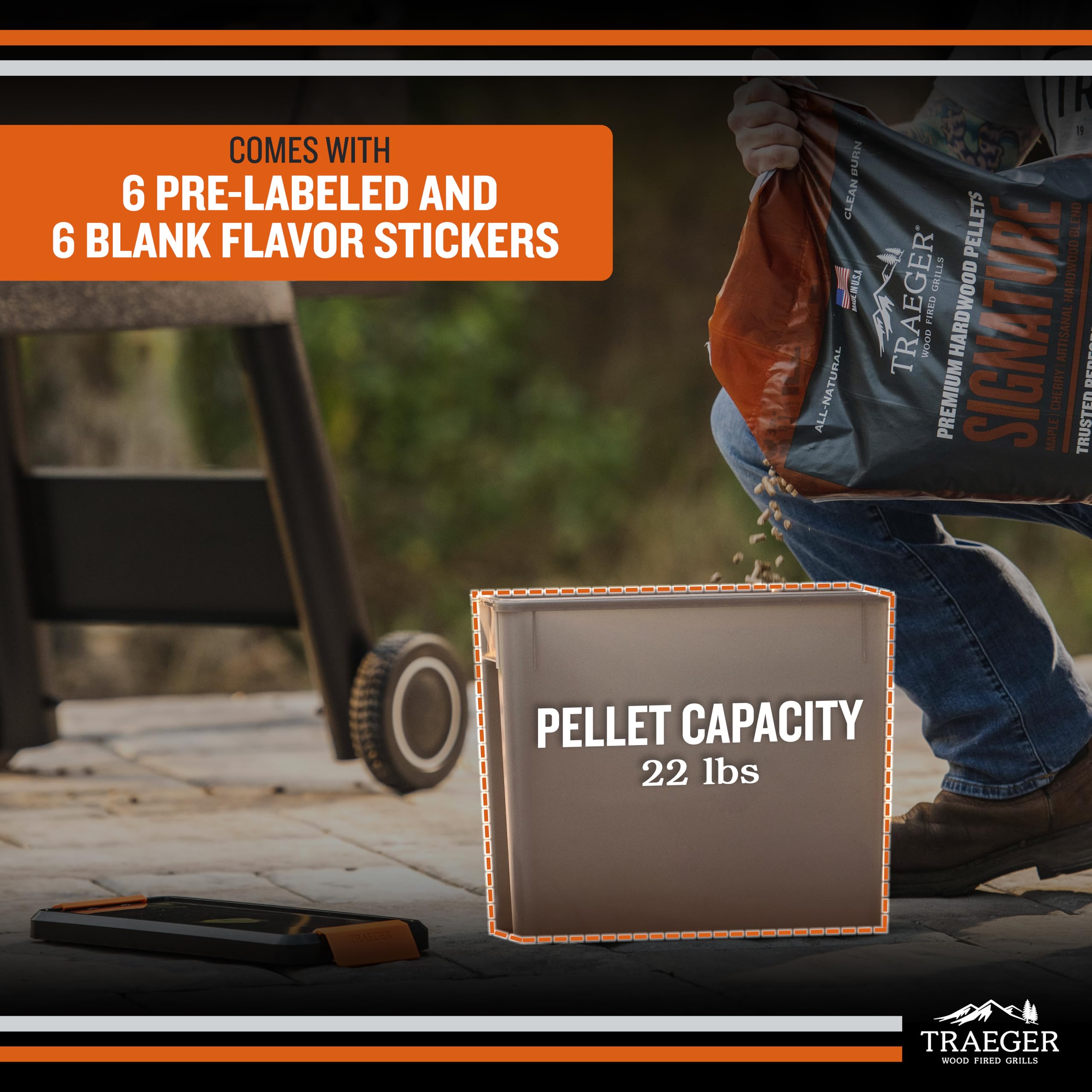 Traeger bin holding a full 22 lb pellet bag for convenient single-bag storage