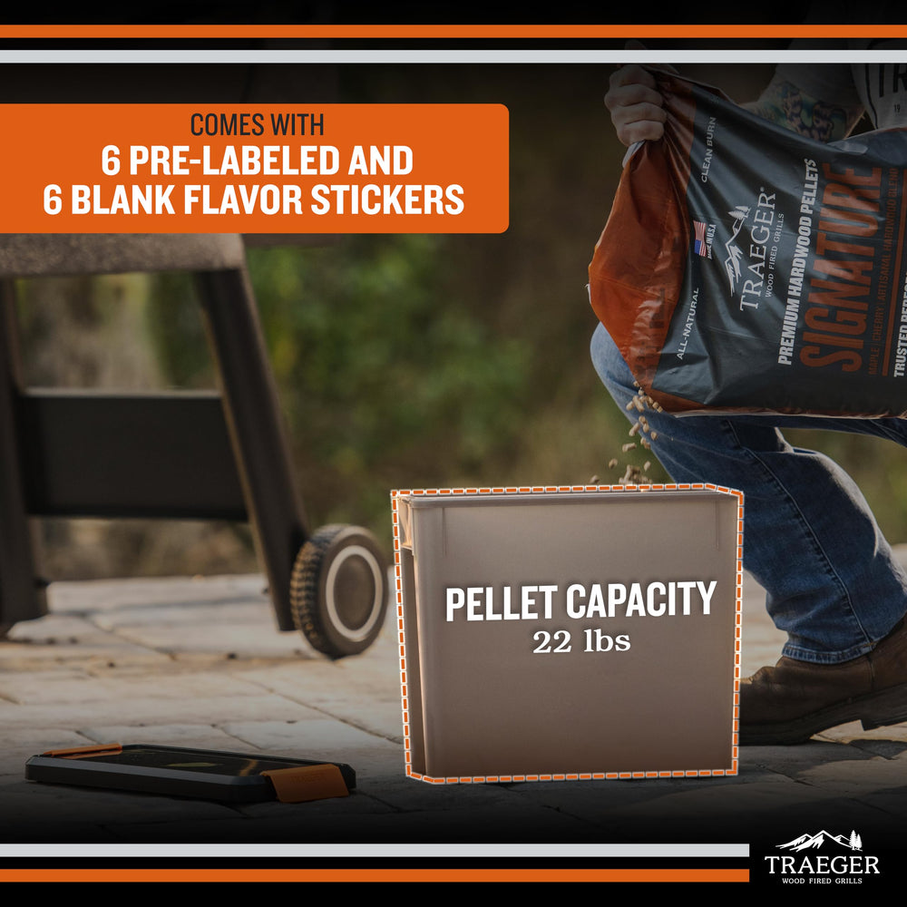 Traeger bin holding a full 22 lb pellet bag for convenient single-bag storage