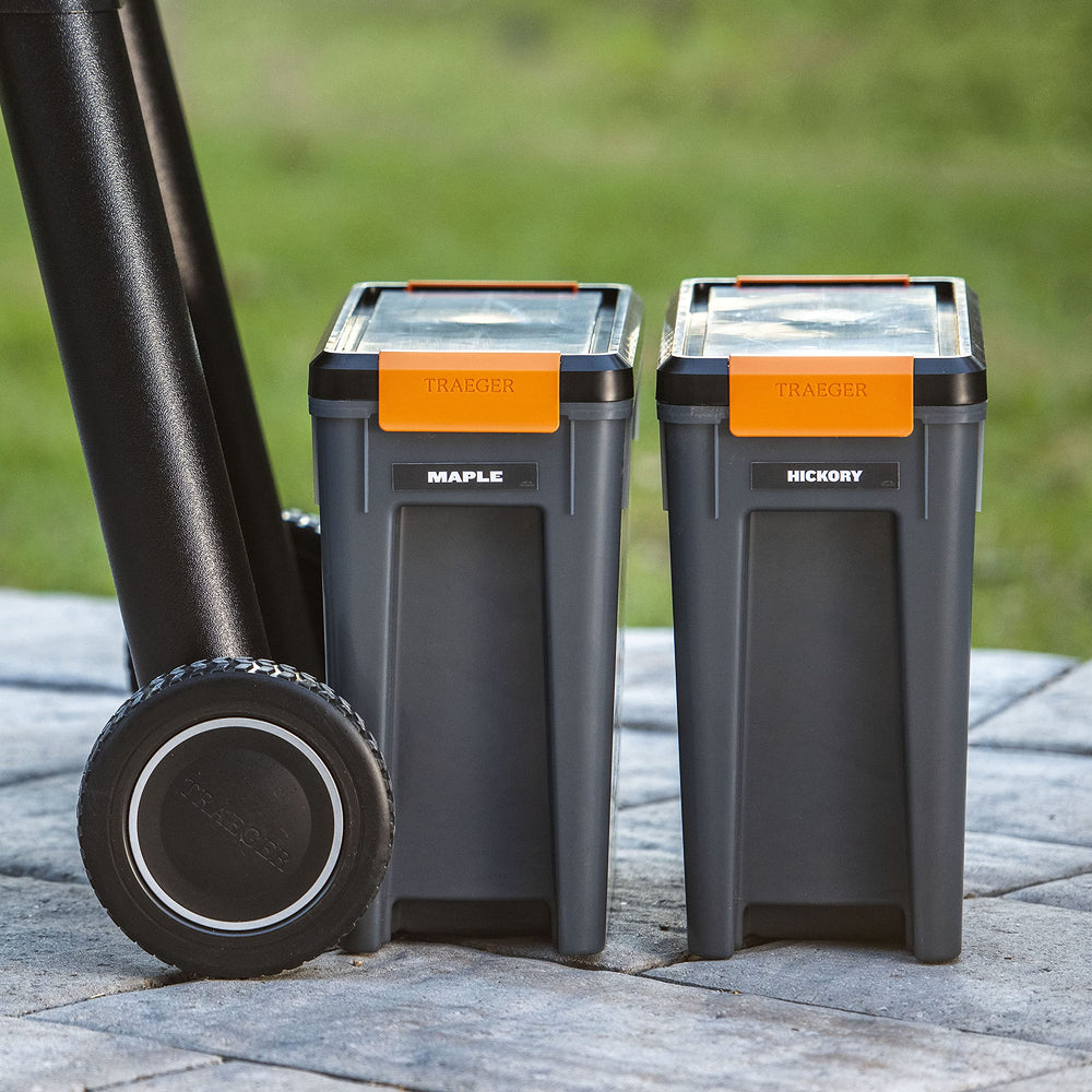 Traeger bin open with handle visible for quick access and secure closure