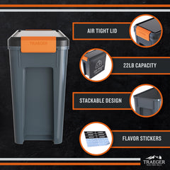 Stacked Traeger bins organized by flavor to save space and speed selection