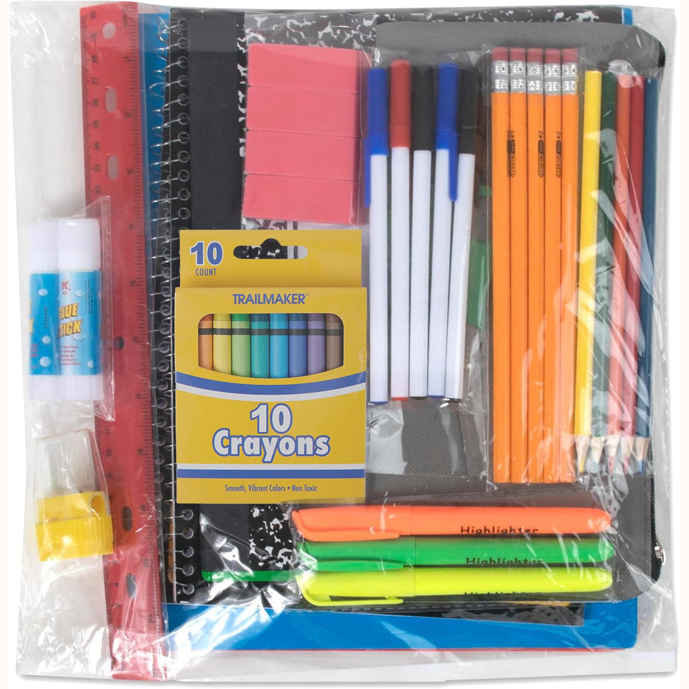 Trail maker contents laid out flat demonstrating included pencils, pens, crayons and more