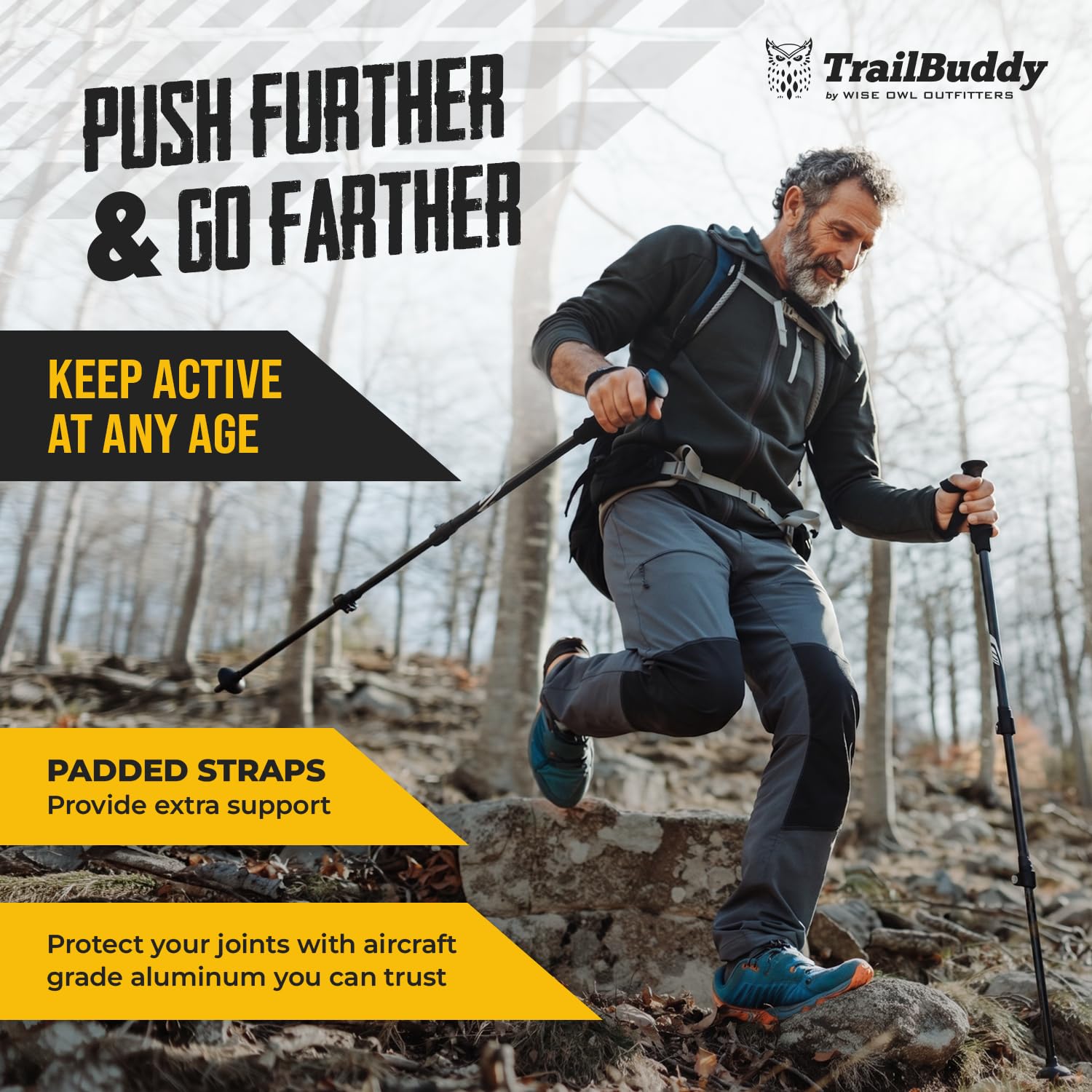 TrailBuddy poles next to backpack illustrating compact storage benefit
