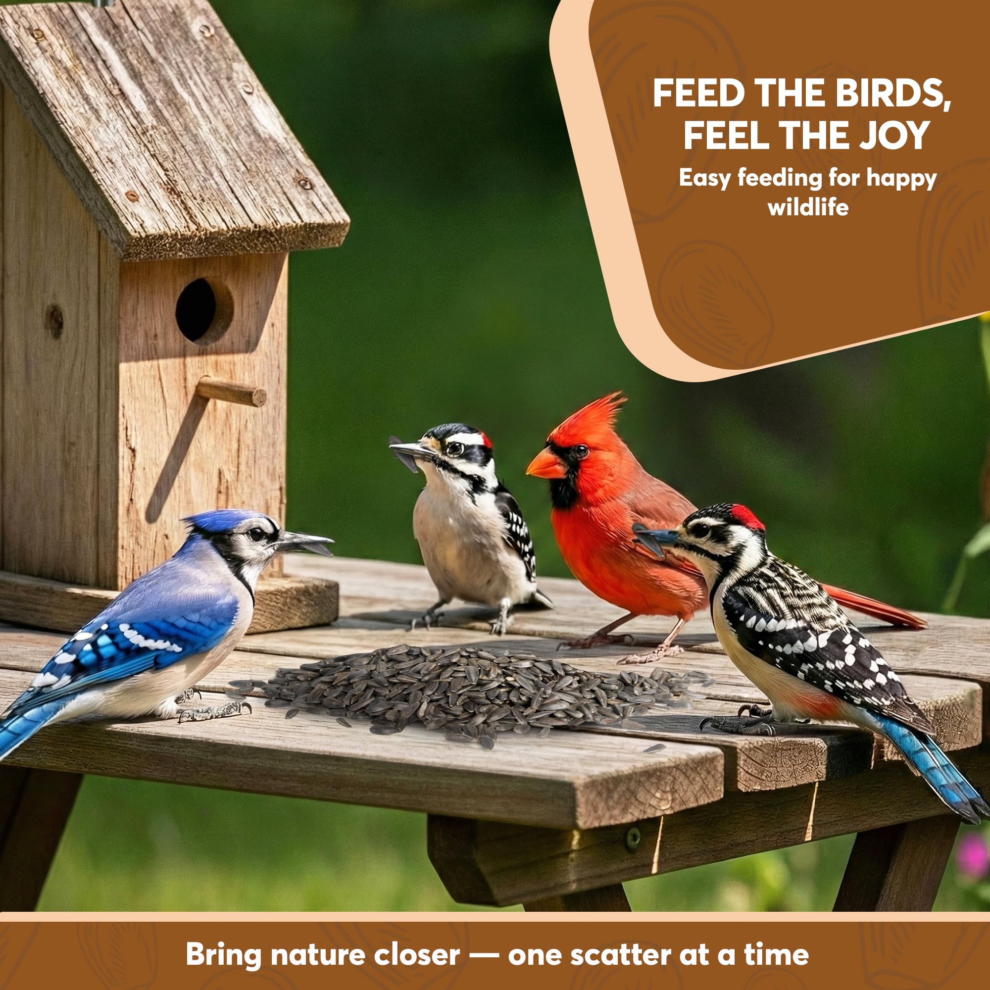 TRAILMARK NATURALS backyard scene with feeder and binoculars enhancing viewing