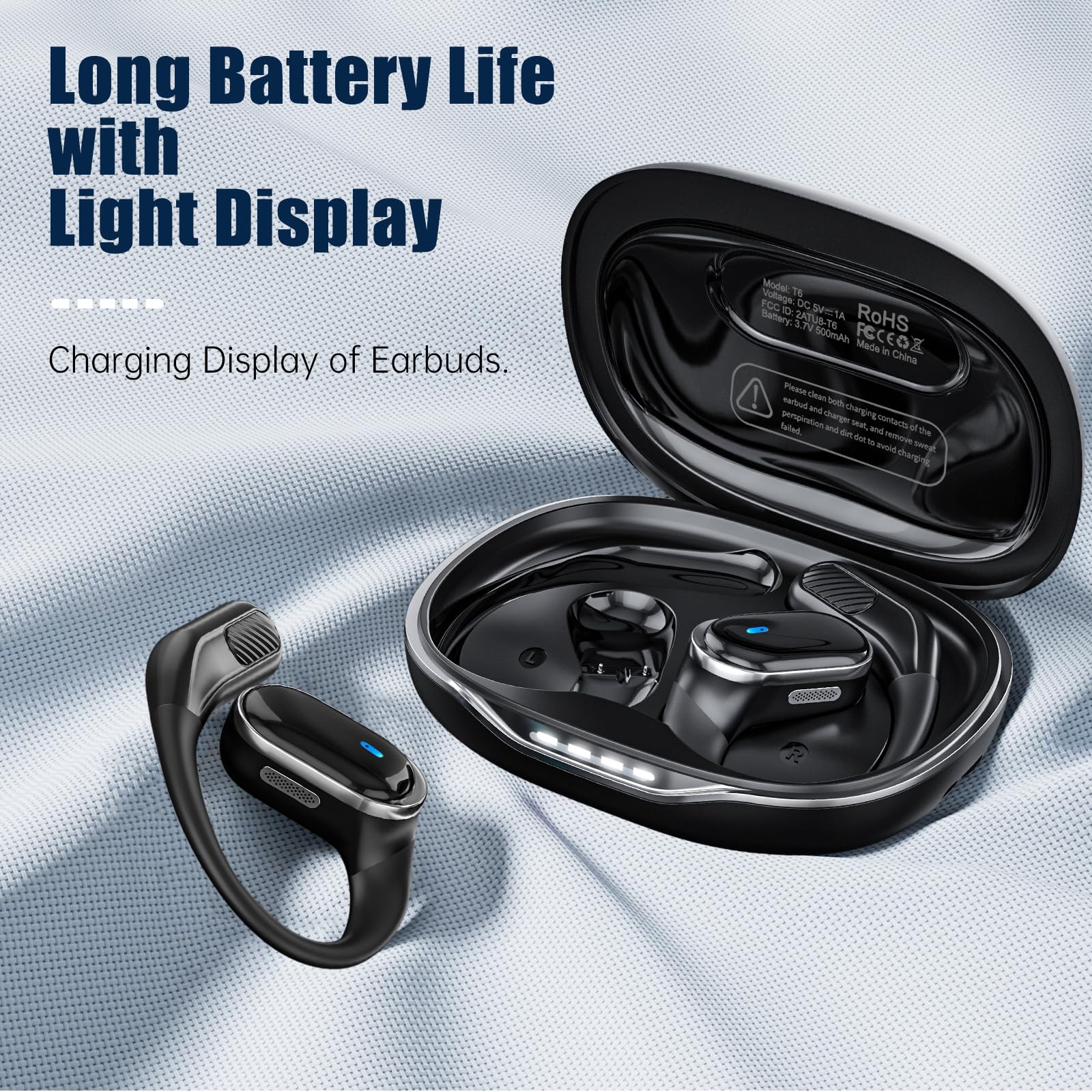 TRAUSI charging case open showing earbuds and long battery advantage